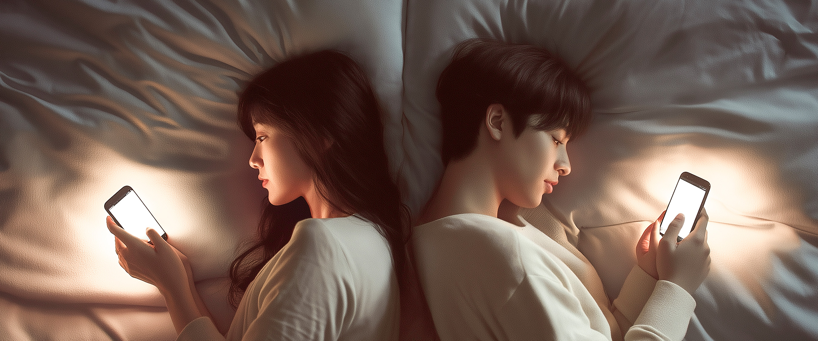 커플 관계 갈등 이미지, 침대에서 서로 등을 돌린 채 스마트폰을 보는 연인과 성생활·소통 문제를 나타낸 장면