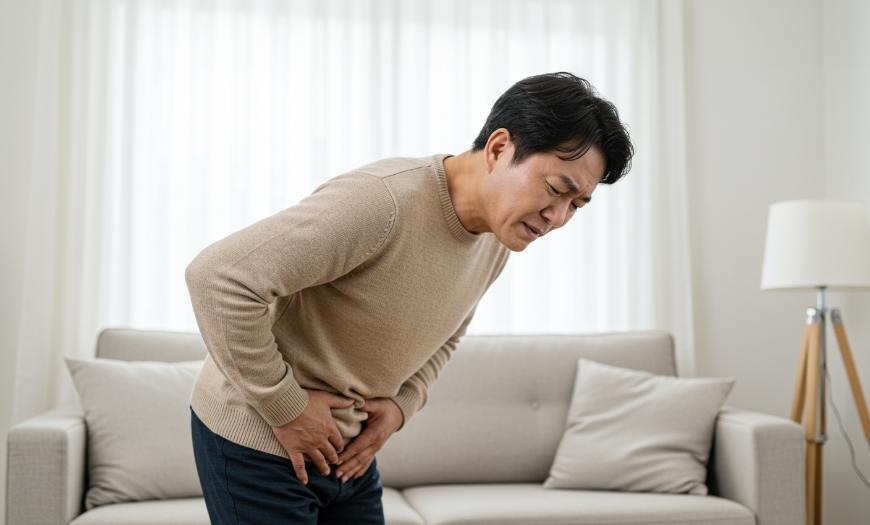 요로의 외상 이미지, 복부 충격과 손상으로 인한 혈뇨 및 통증 증상을 나타낸 장면
