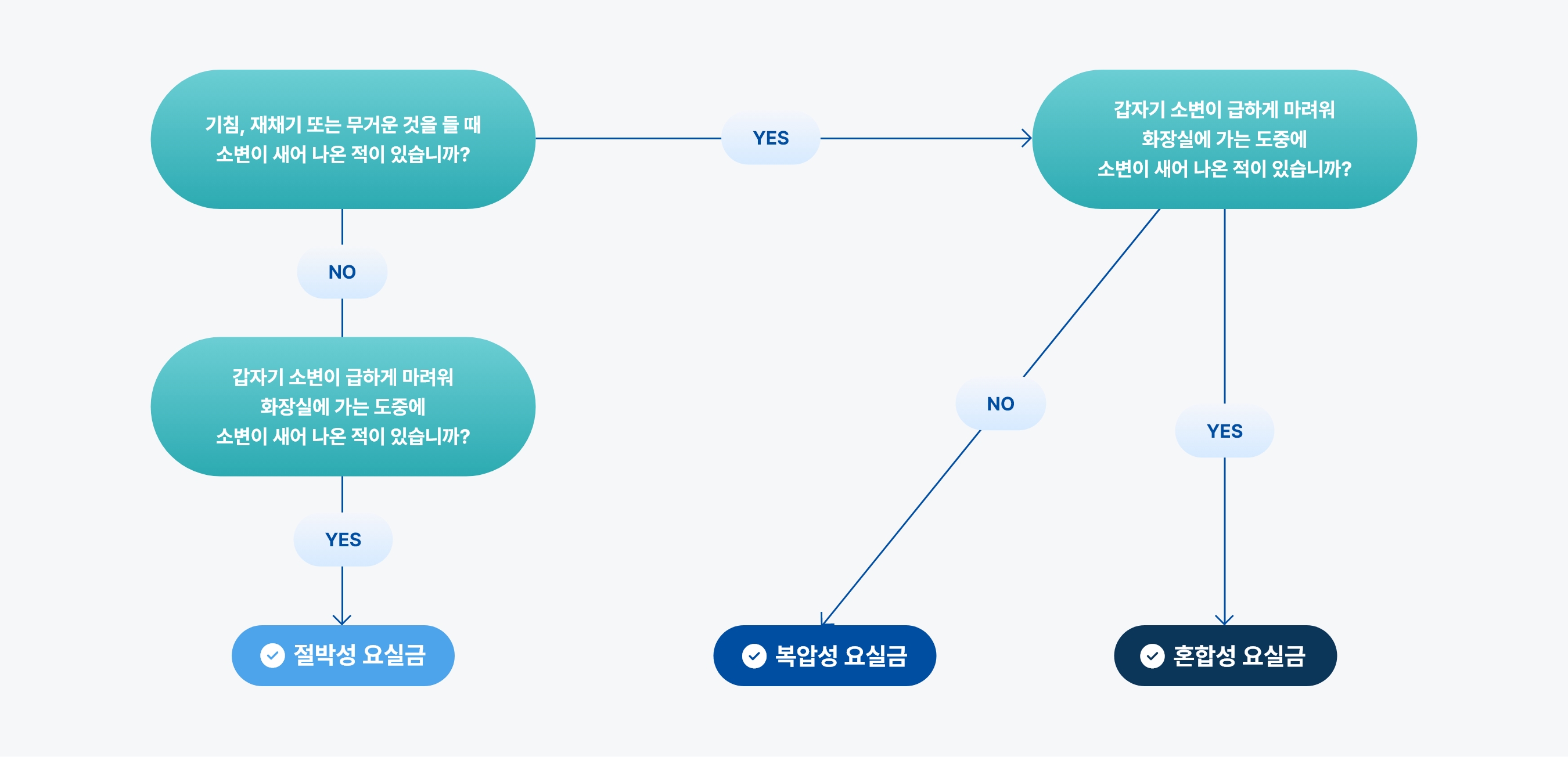  요실금 자가진단 흐름도 이미지, 복압성 요실금 절박성 요실금 혼합성 요실금 증상 구분 체크리스트 안내