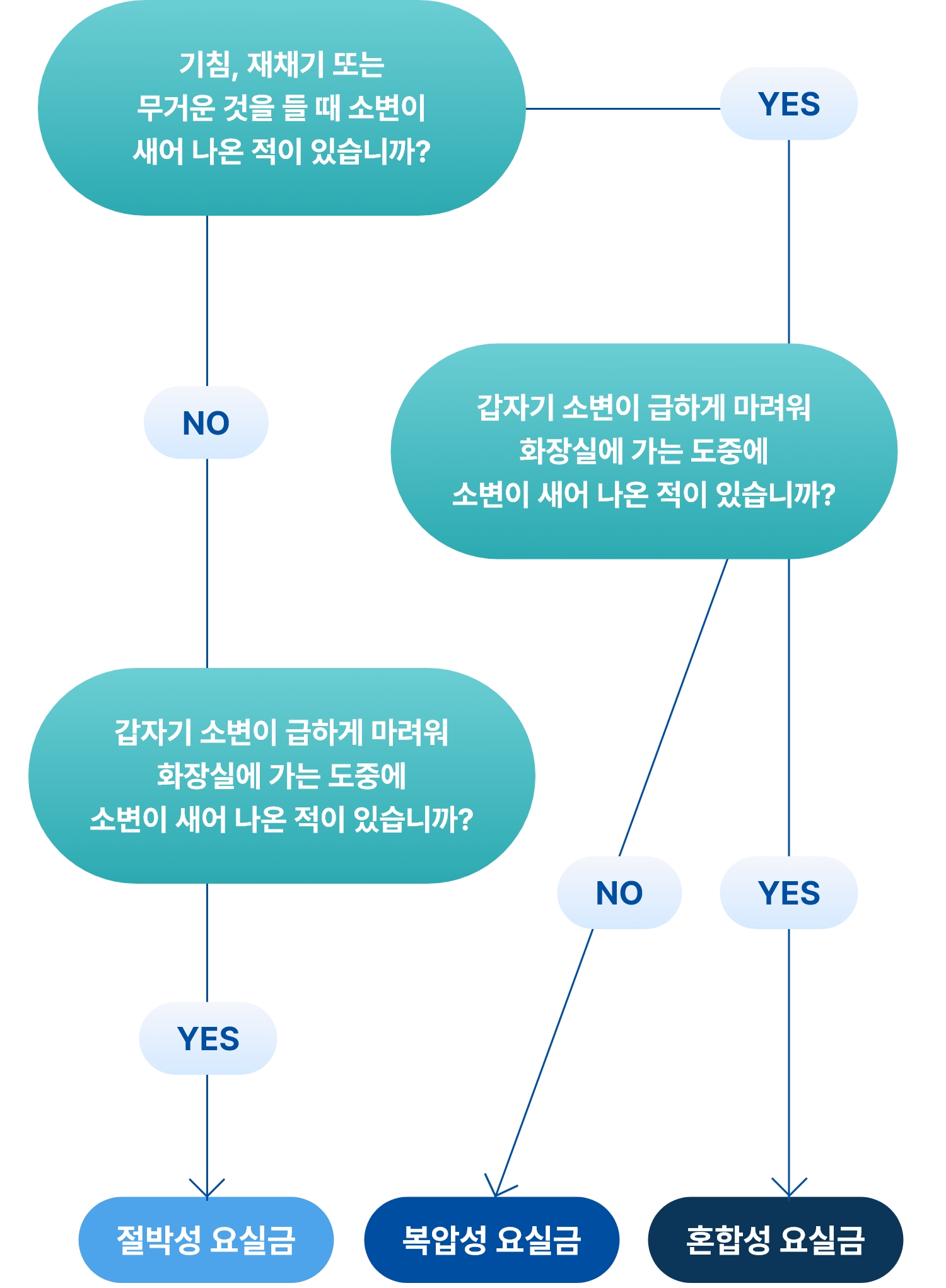  요실금 자가진단 흐름도 이미지, 복압성 요실금 절박성 요실금 혼합성 요실금 증상 구분 체크리스트 안내