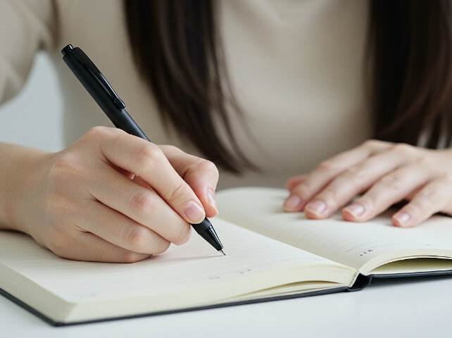 배뇨일지 이미지, 요실금 진단을 위해 배뇨 횟수 소변량 요실금 발생 시간을 기록하는 배뇨일지 작성 장면